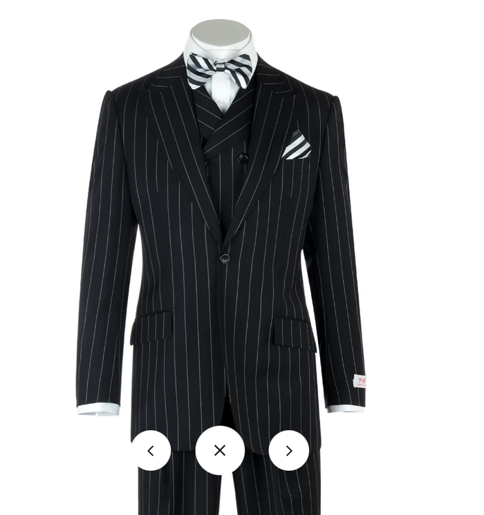 Men’s Black Pinstripe 3-Piece Suit Wool Suit  – Classic Fit Single Button Suit with Wide Leg Pleated Pants By Tiglio Russo