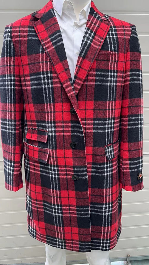 Men's red plaid wool overcoat. Classic tartan check in red, black, and white. Structured, long silhouette with notched lapel and three buttons.
