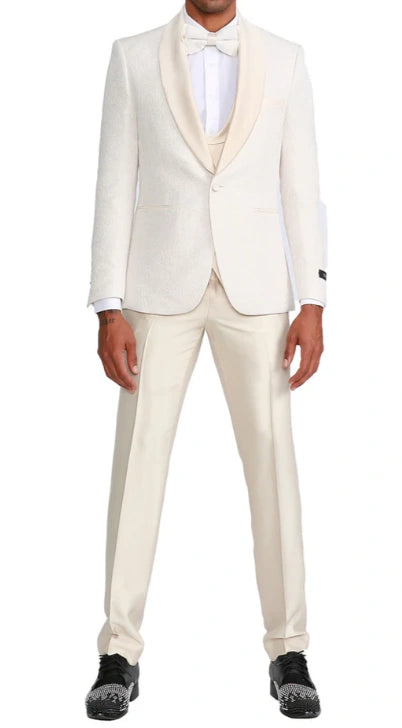 Men’s Ivory Paisley Tuxedo Suit 3 Piece – One Button Vested Satin Formal Suit for Wedding in Off white Cream Color