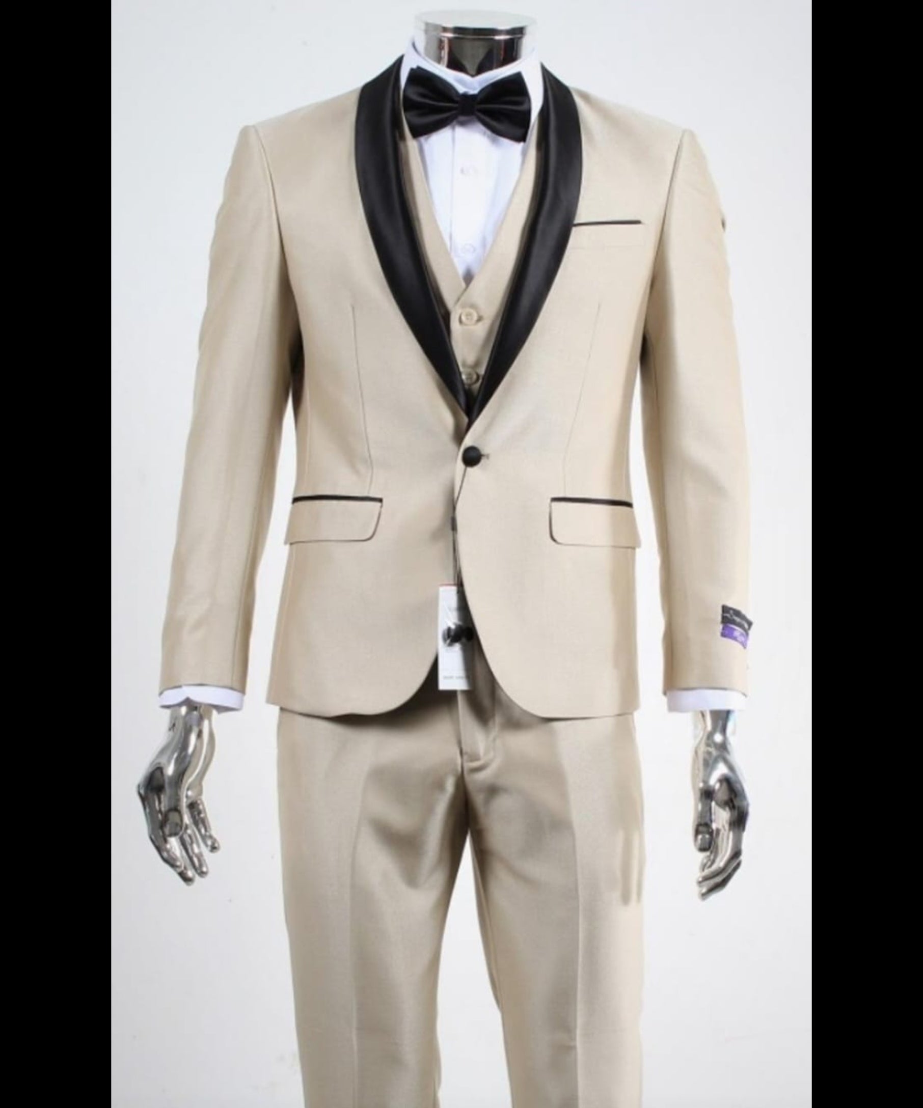 Men’s Champagne Beige Shiny Tuxedo 3 Piece Suit with Black Shawl Lapel | Formal Wedding Prom Suit Set in Sand Light Tan Color