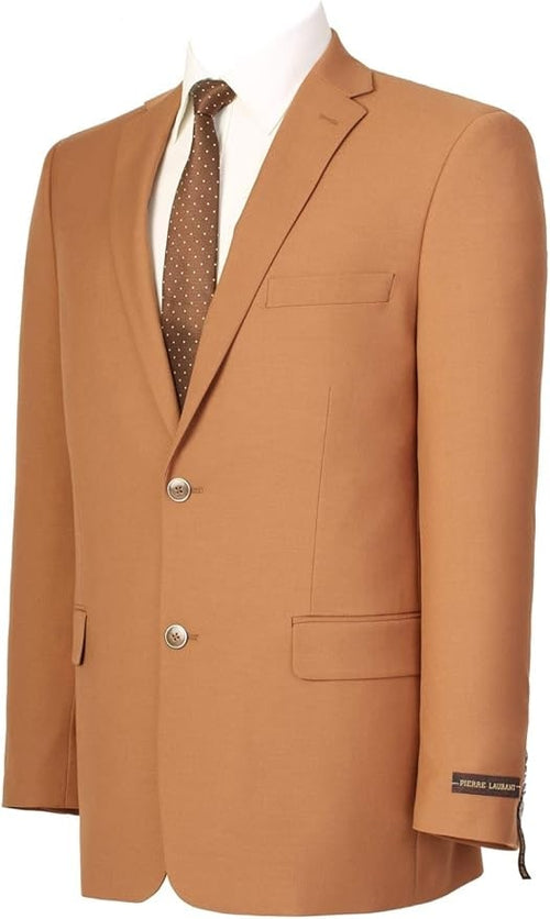 Men's camel brown sport coat. Classic fit, two-button, single chest & two front pockets. Smooth fabric.
