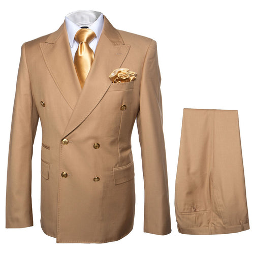 Men's camel bronze khaki double-breasted suit. Tailored jacket with defined collar, gold buttons. Matching smooth, woven trousers.
