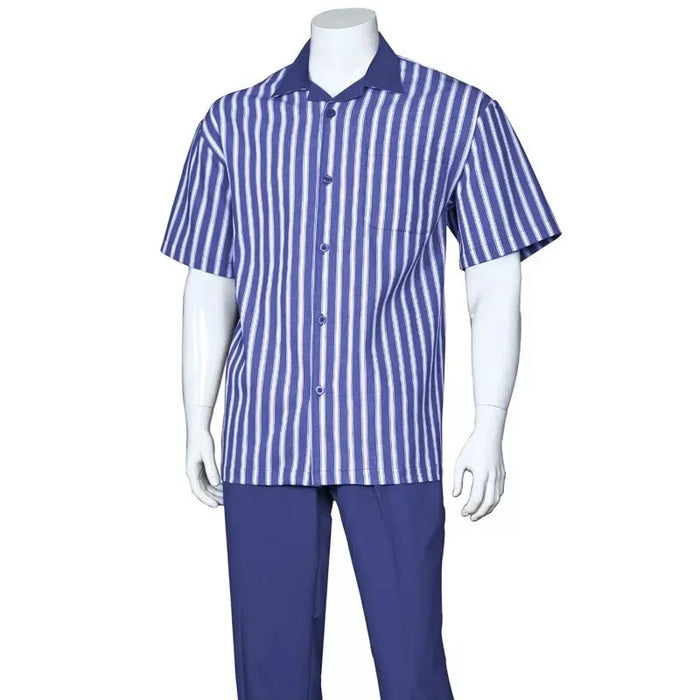 Men's blue & white striped short-sleeve shirt with button-down front, paired with solid blue trousers. A coordinated two-piece outfit.
