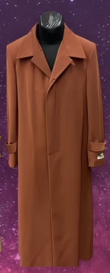 Alberto Nardoni men's cognac overcoat. Full-length, straight shape, double-breasted. Large collar, wide cuffed sleeves. Smooth fabric, simple & structured design.
