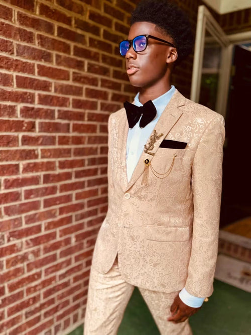 Men's Champagne Gold Paisley Prom Tuxedo, Formal Dinner Suit for Prom,  Weddings, Parties in Tan Color
