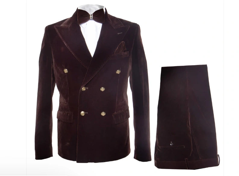 Men’s Dark Brown Velvet Blazer and Pants 2 Piece Suit, Double Breasted Formal Dinner Suit for Weddings, Prom