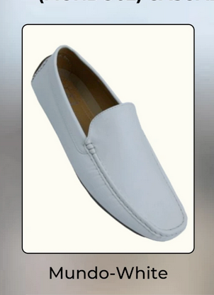 Men's white leather slip-on loafers. Smooth leather upper, flat sole, rounded toe, and minimal stitching. Classic, entirely white design for a refined look.
