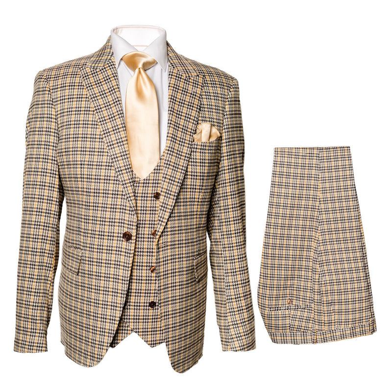 Men’s Beige and Navy Check 3-Piece Suit Set – Premium Tailored Fit Formal Wedding and Business Suit By Rossiman