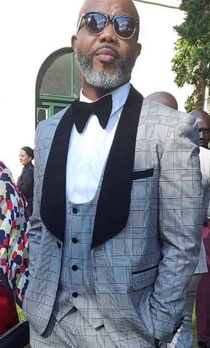 Men's Black and White Plaid Tuxedo â€“ 3 Piece Suit with Black Velvet Shawl Lapel - Gray Glein Tartan Pattern Wedding Suit