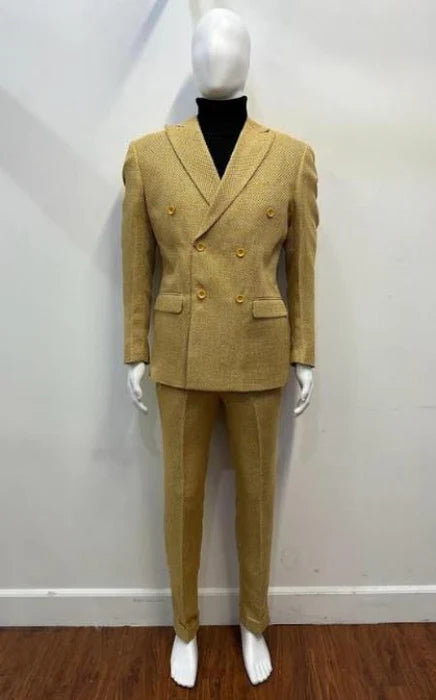 Alberto Nardoni men's gold double-breasted suit. Textured, light gold fabric. Structured jacket with wide lapels and button closure, plus fitted trousers.

