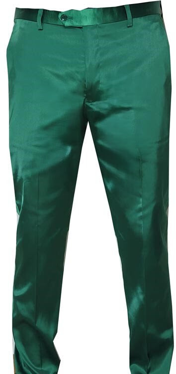 Emerald green, slim-fit satin dress pants. Smooth, shiny surface with a tailored silhouette and straight leg. Includes a waistband with a belt loop.
