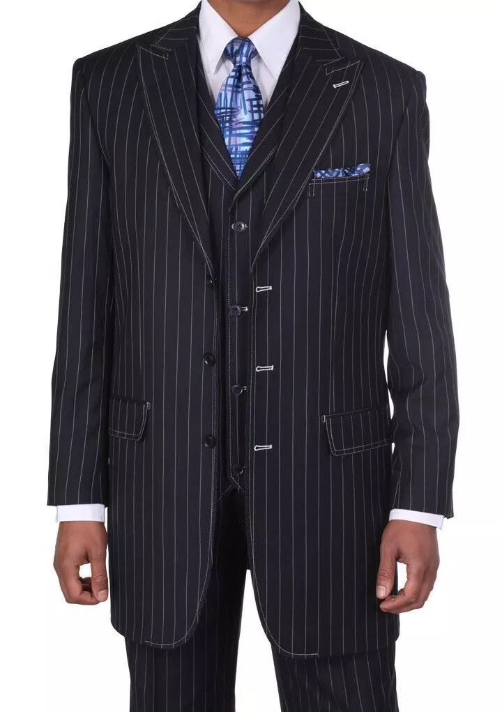 Navy pinstripe suit for men. Tailored fit with three-button single-breasted jacket, vest, and flat-front trousers. Smooth fabric with vertical pinstripes.
