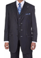 Navy pinstripe suit for men. Tailored fit with three-button single-breasted jacket, vest, and flat-front trousers. Smooth fabric with vertical pinstripes.
