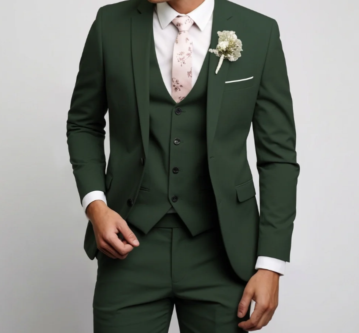 Men’s Forest Green 3 Piece Wedding Suit, Formal Groom Groomsmen Dress Suit Set