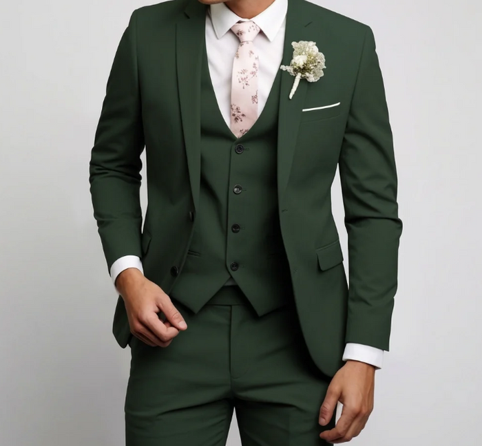 Men’s Forest Green 3 Piece Wedding Suit, Formal Groom Groomsmen Dress Suit Set