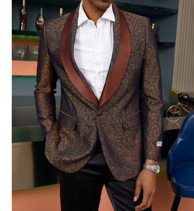 Men’s Light Brown Paisley Tuxedo Jacket, Wedding Prom Dinner Blazer with Satin Shawl Lapel