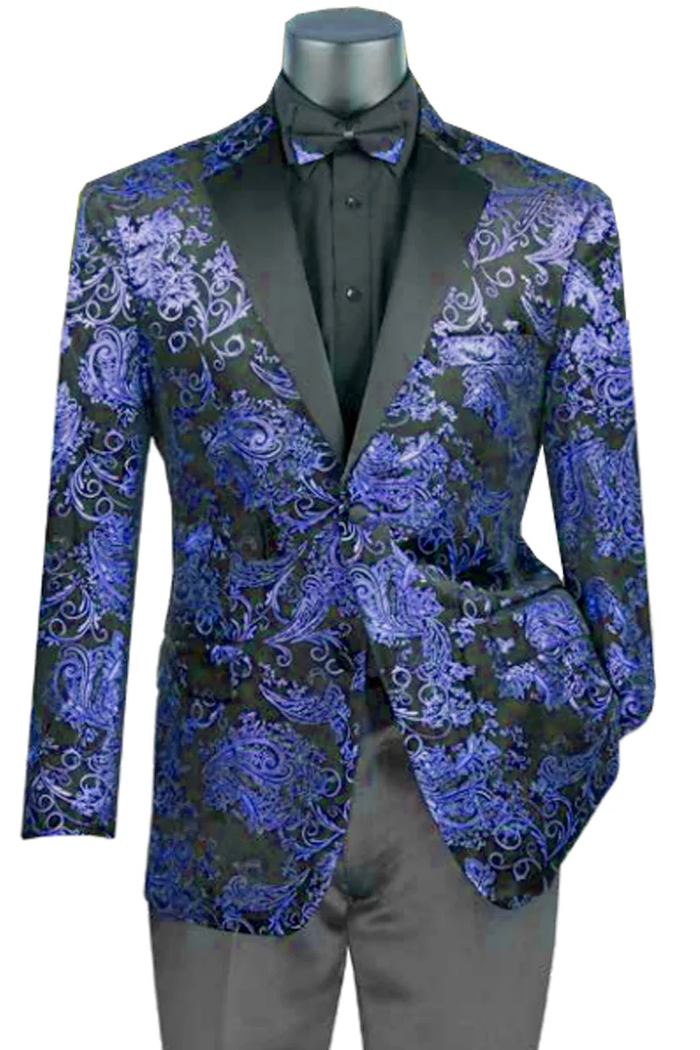 Mens Royal Blue Paisley Jacquard Blazer – Luxury Pattern Tuxedo Dinner Jacket with Black Satin Lapel for Wedding, Prom With Bowtie