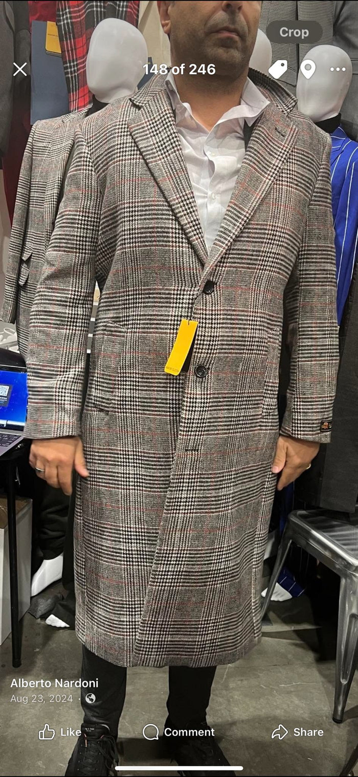 Men's gray plaid overcoat with black/red accents. Wool blend, tailored fit, notched lapel, two black buttons, side pockets. Classic checkered pattern, full-length.
