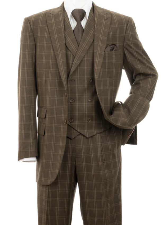 Men’s Edwardian Brown Plaid 3-Piece Suit – Vintage Double-Breasted Vest Wedding and Formal Suit