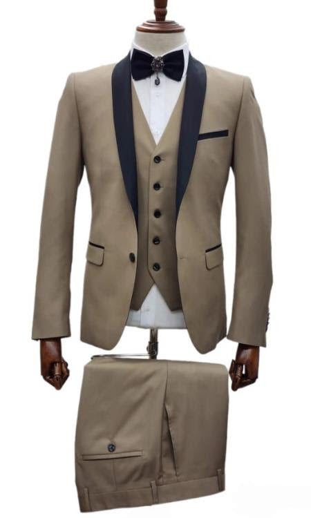 Men's three-piece cowboy suit: tan tuxedo jacket (black lapel, fitted, button closure, black trim pocket), matching vest (adjustable straps, buttons), and beige, straight-leg pants (single back pocket).
