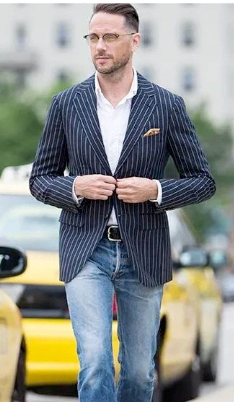 Mens Navy Blue Pinstripe Blazer – Classic Tailored Formal Jacket