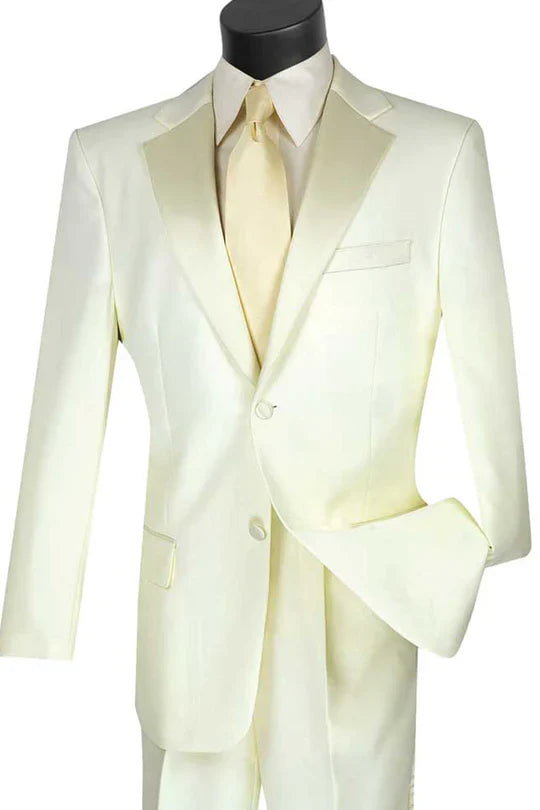 Men's ivory tuxedo with satin notch lapel. Includes a tailored jacket with a single-button closure and matching trousers. Features a smooth finish.
