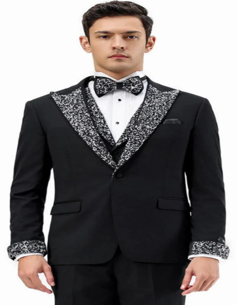 Mens Black and White Lapel Tuxedo Suit – Black Formal Tuxedo with White Pattern Lapel for Wedding, Prom and Evening Events