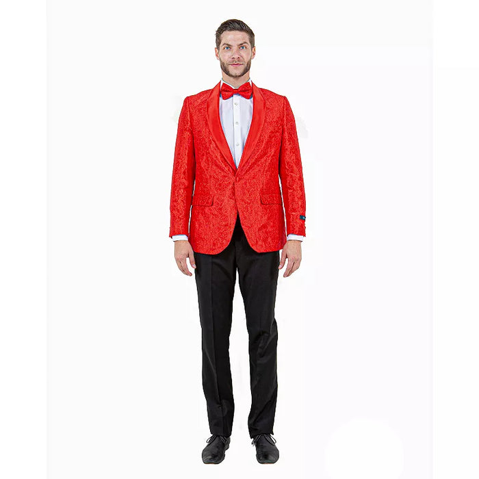 Red paisley tuxedo jacket for big & tall men. Satin shawl lapel, textured paisley design. Includes a matching red bow tie for a complete, stylish look.
