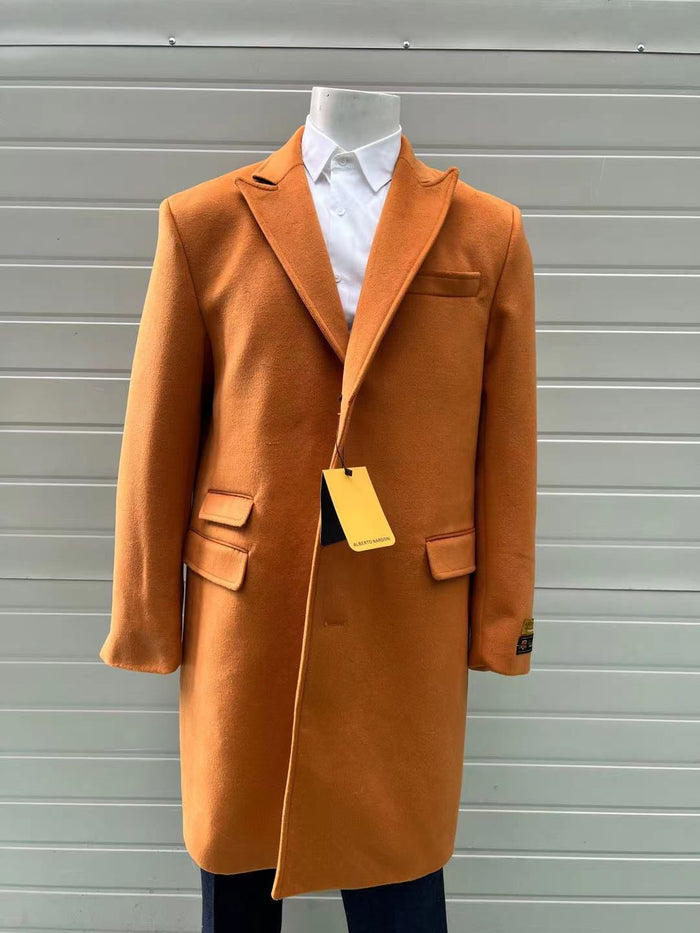 Men's rust orange wool blend overcoat with notched collar, two front pockets, and chest pocket. Smooth texture, even color.
