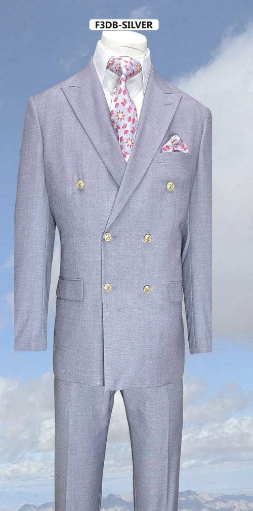 Alberto Nardoni men's silver-grey 3-piece suit. Double-breasted jacket with gold buttons, notched lapel. Smooth, textured fabric. Matching trousers and waistcoat. Includes a floral pocket square for added style.