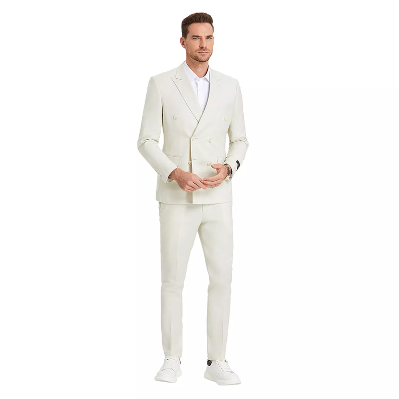 Men’s Ivory Cream Double-Breasted Linen Suit – Off-White Summer Wedding Slim Fitted 2-Piece Suit Cream Color