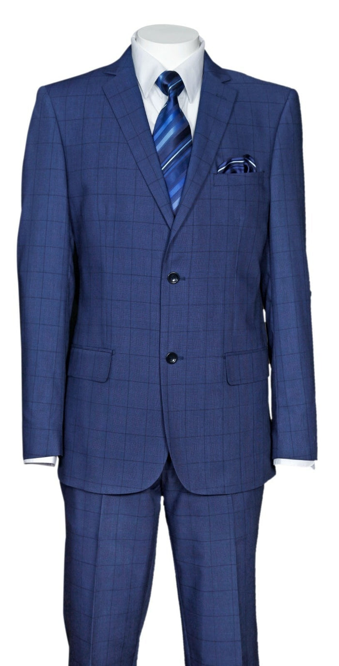 Men's indigo navy suit with windowpane check. Two-piece design featuring a woven fabric. Includes a tailored jacket with notch lapels, matching trousers, blue striped tie, and pocket square.
