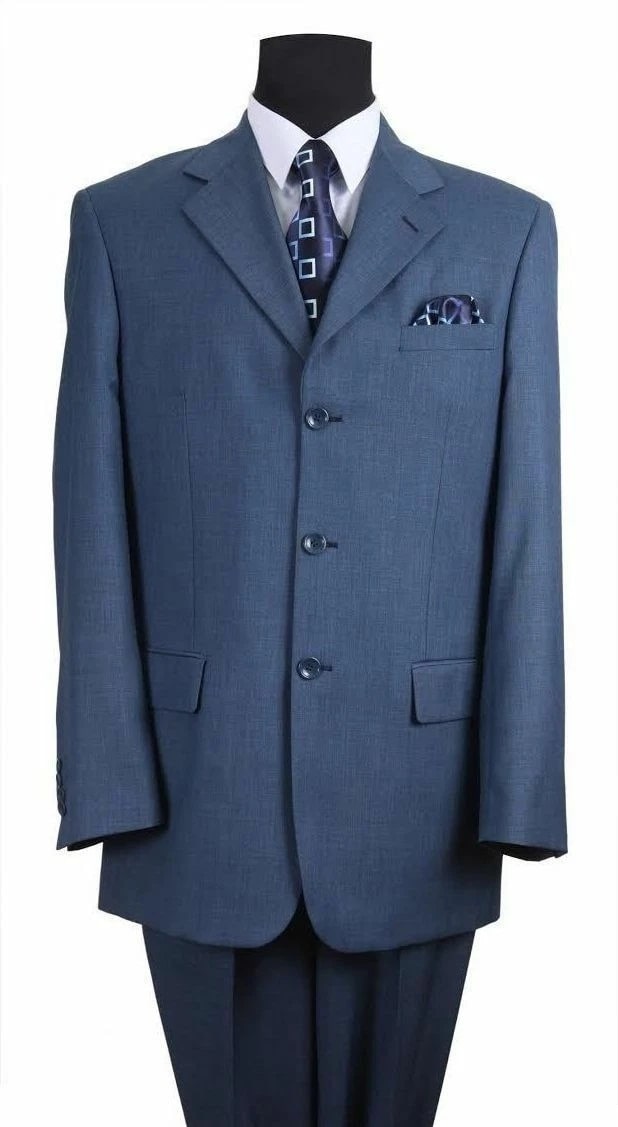 Men's steel blue 3-button suit. Structured blazer with notched lapels, two pockets. Matching textured trousers. Includes white dress shirt, blue/white patterned tie, and pocket square.
