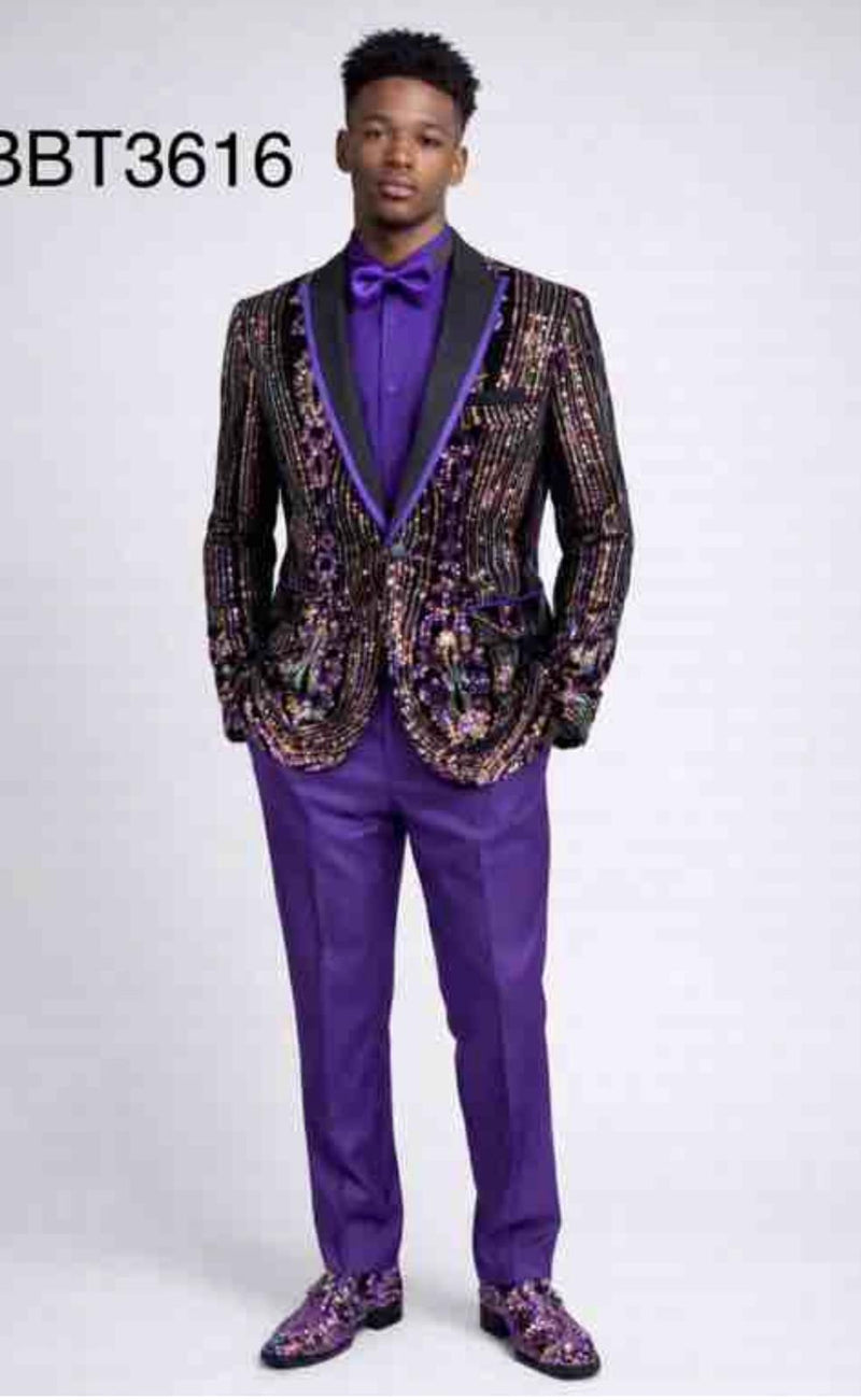 Mens Mardi Gra Black and Purple and Gold Sequin Tuxedo Jacket Set – Designer with Floral Pattern Jacket Formal Wedding Party Wear Bowtie