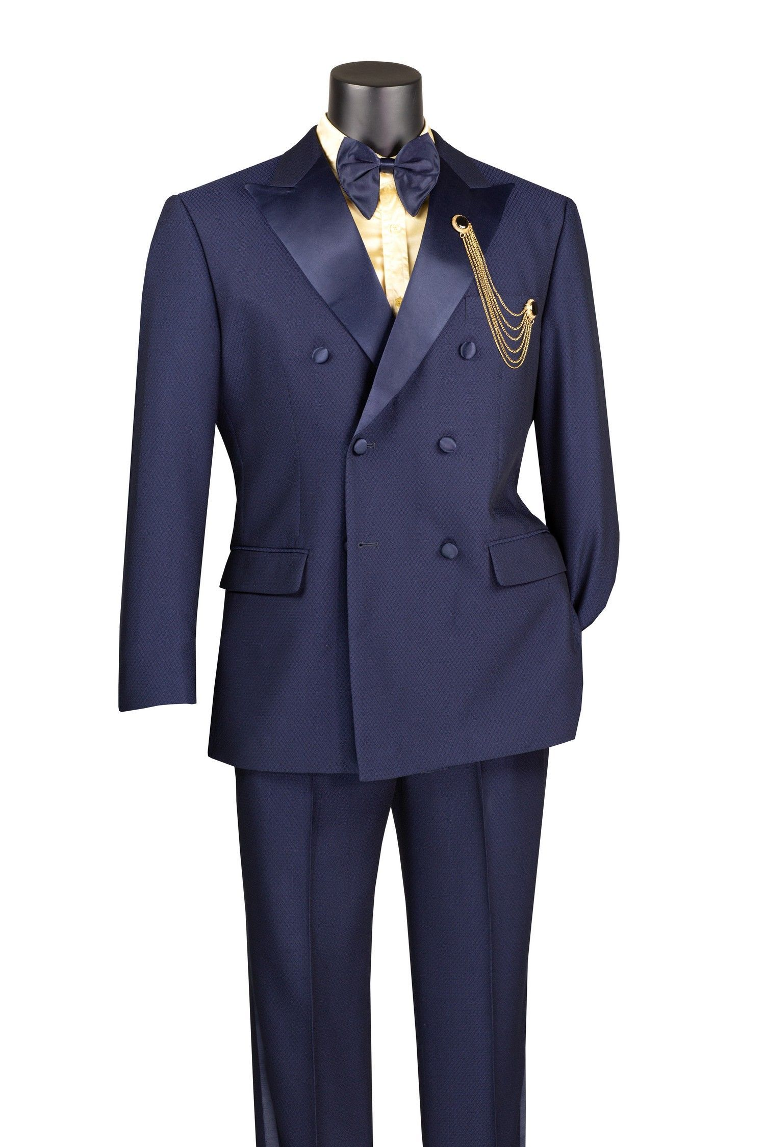 Men’s Navy Blue Double-Breasted Tuxedo with navy Satin Peak Lapel Wedding Suit