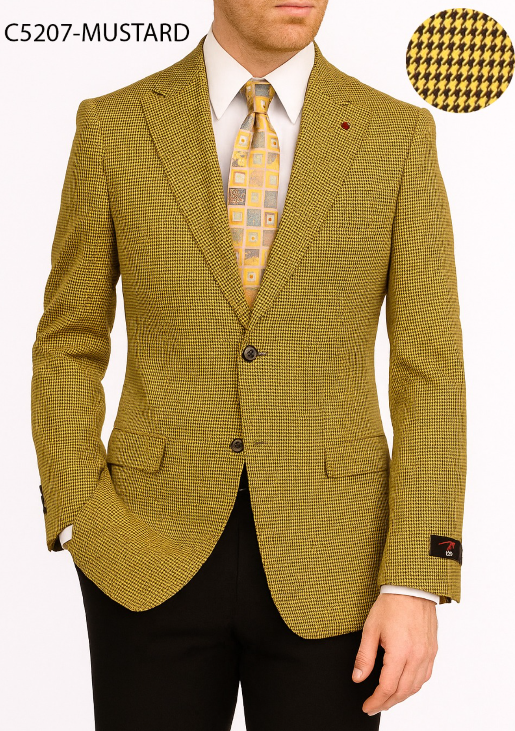Men’s Mustard Gold Yellow Houndstooth Blazer Jacket, Check Pattern Formal Sport Coat for Weddings, Prom, Business 2 Buttons Modern Fit