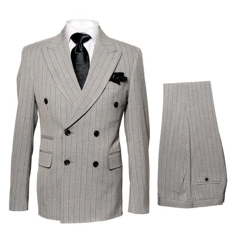 Men's grey and black pinstripe double-breasted suit. Features a tailored blazer with black buttons, notched lapels, and side pockets. Includes matching trousers.
