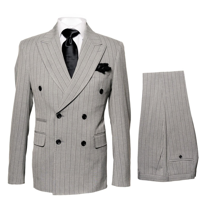 Men's grey and black pinstripe double-breasted suit. Features a tailored blazer with black buttons, notched lapels, and side pockets. Includes matching trousers.
