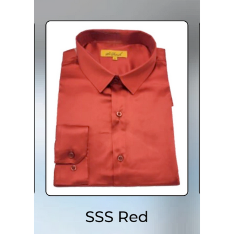 Men's luxury red satin dress shirt. Long sleeve with classic collar, button-down front, and single button cuff. Elegant, solid color.
