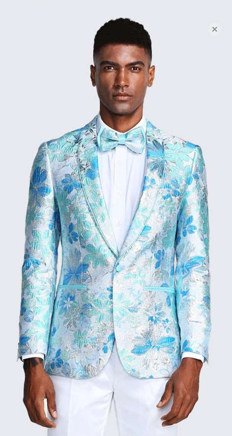 Men’s Light Blue Floral Jacquard Tuxedo Jacket with Matching Bow Tie | Formal Prom Wedding Blazer + Bowtie Turqoise Aqua Color