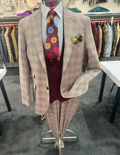 Men's Light Brown Plaid Suit with Burgundy Vest and Colorful Floral Tie â€“ 3 Piece Set - Taupe Windowpane Pattern