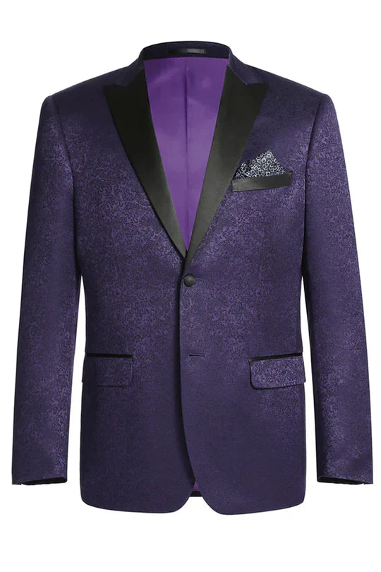 Purple paisley tuxedo jacket. Structured fit, notch lapel, textured fabric. Features black lapel accents, pocket square, and contrasting purple lining. Tailored design with visible pockets.
