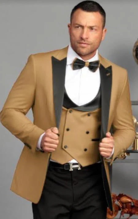 Men's Dark Camel Tan Khaki and Black Great Gatsby Tuxedo Suit - Vintage 1920s Formal Wedding, Party and Event Wear