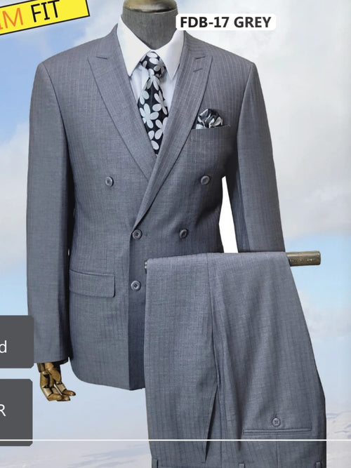 Men's gray tone-on-tone double-breasted suit. Slim fit, lightweight fabric with subtle shadow stripe. Includes jacket (two-row buttons, pocket square) and matching tailored trousers.
