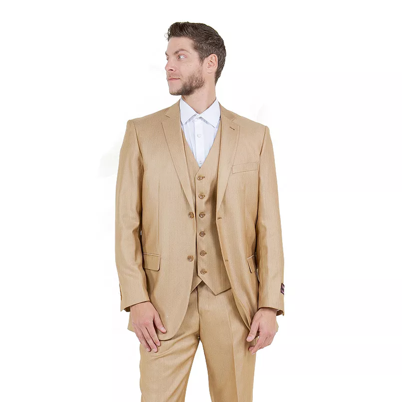 Men’s Camel Khaki Bronze Sharkskin 3-Piece Suit – Modern Wedding, Business and Formal Suit with Matching Vest