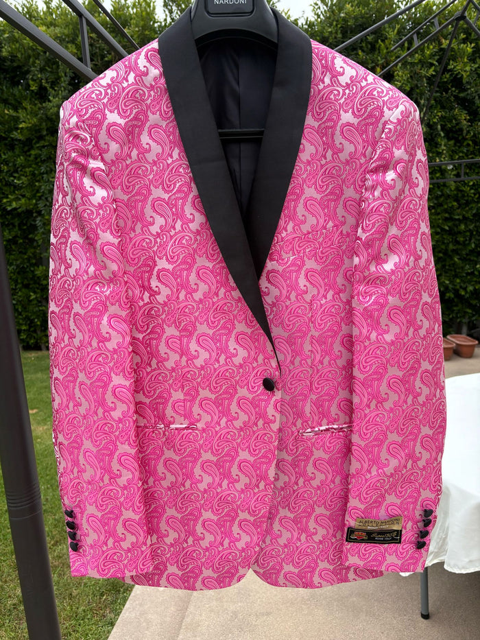 Mens Hot Pink Paisley Tuxedo Blazer with Black Shawl Lapel Fuchsia Color Dinner Jacket Perfect for Prom