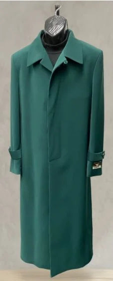 Alberto Nardoni men's green overcoat. Full length, straight silhouette, notched collar, long sleeves with rolled cuffs. Smooth, solid green fabric. Concealed closure, side pockets.
