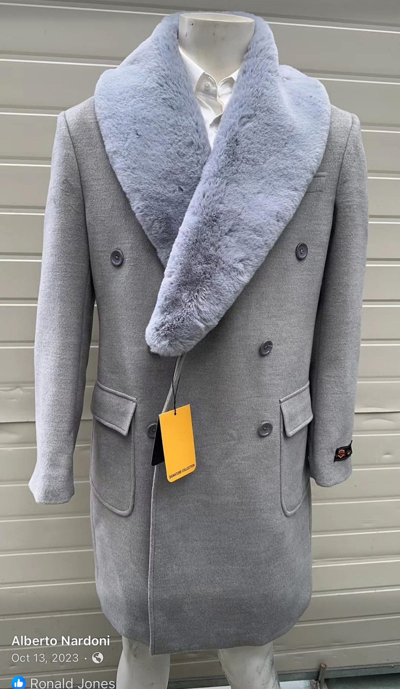 Men's light grey double-breasted overcoat with faux fur shawl collar, wool fabric, two front pockets, and button closures.
