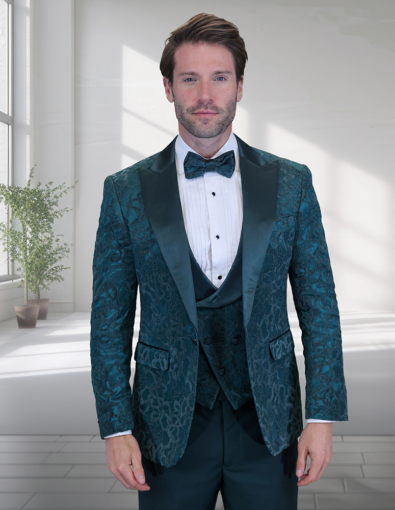 Men’s Hunter Green Paisley Tuxedo – 3 Piece Prom & Wedding Suit with Matching Bow Tie