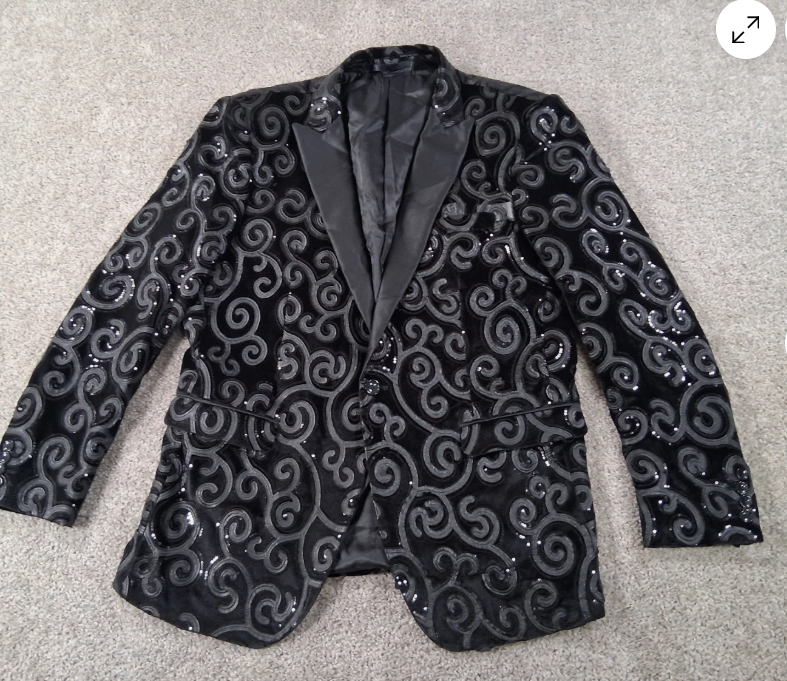 Men’s Black Velvet Sequin Swirl Dinner Jacket – Blazer Paisley Sparkly